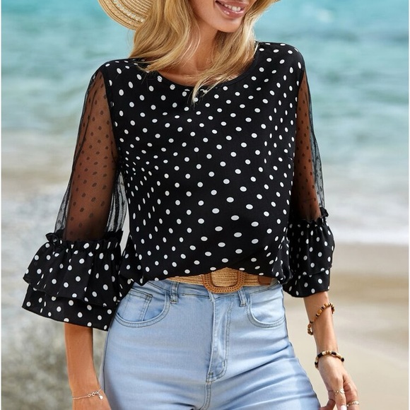 Boho Plus Size Top Sheer Mesh Swiss Dot Lace Ruffle Sleeve Blouse Shirt Black - Picture 2 of 6